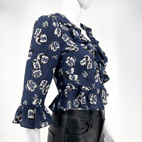 Réalisation Par Cher Pansy Wrap Top Women’s XS Navy Floral Silk Ruffle - Picture 2 of 5